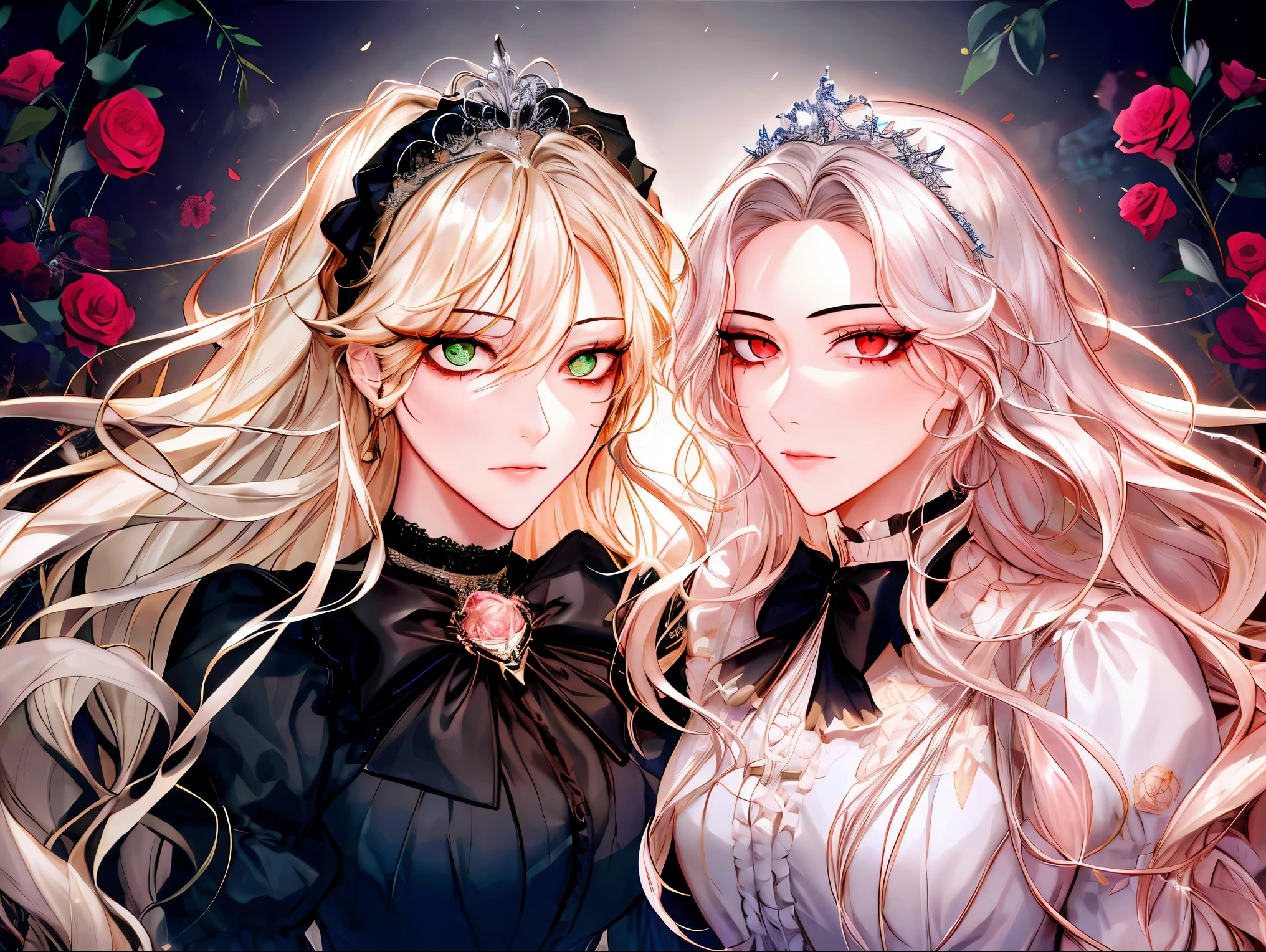 shoujo-style, (floral background), romance manhwa, (2girls, aligned), silver hair, blonde hair, solo, long hair, flower, dress, tiara, white dress, gloves, long sleeves, choker, green eyes, red eyes, mascara, makeup, white gloves, black bow, black flower, wavy hair, bow, jewelry, looking at viewer, white background, collarbone, puffy sleeves, silver accessories, upper body, parted bangs, very long hair, blue dress, frills, bangs, closed mouth, detailed eyes, (close up), gleaming skin, shiny glossy skin