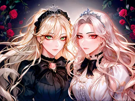 shoujo-style, (floral background), romance manhwa, (2girls, aligned), silver hair, blonde hair, solo, long hair, flower, dress, ...