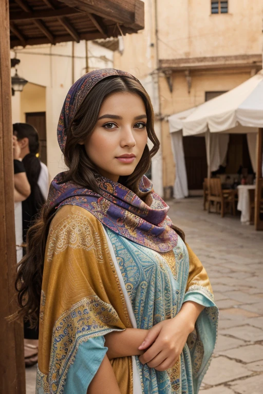 instagram girl posing, Brunnete, natural makeup, (Traditional very colorful kaftan dress), (very loose head scarf showing curly hair), (Morrocan souk environment), masterpiece, best quality, highly detailed, (Beautiful and detailed eyes beautiful and detailed face), (Best Quality), (ultra-detailed), (masterpiece), (high resolution), (Original), ultra-realistic.