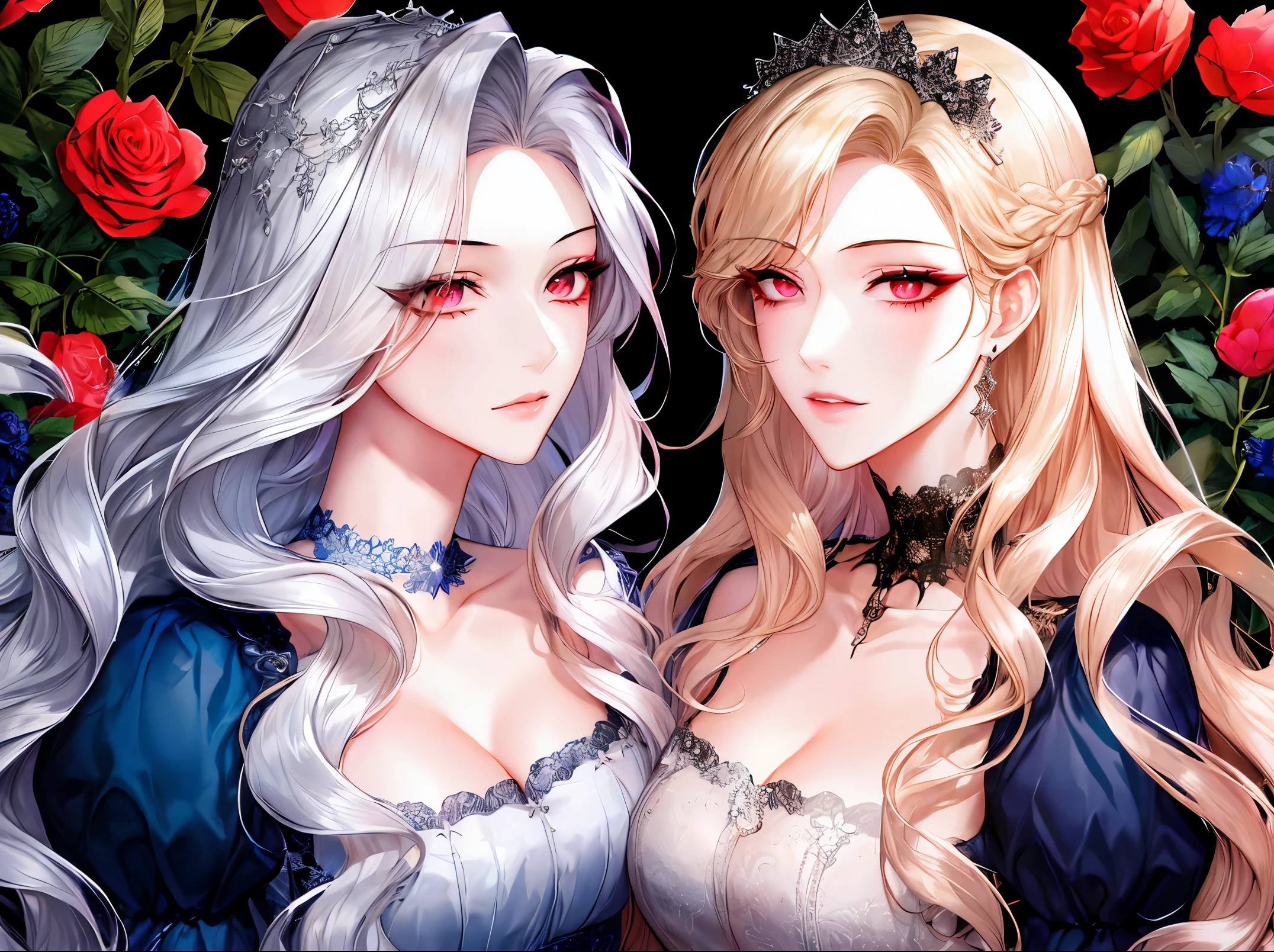 shoujo-style, (floral background), romance manhwa, (2girls, aligned), silver hair, blonde hair, solo, long hair, flower, dress, tiara, white dress, gloves, long sleeves, choker, green eyes, red eyes, mascara, makeup, white gloves, black bow, black flower, wavy hair, bow, jewelry, looking at viewer, white background, collarbone, puffy sleeves, silver accessories, upper body, parted bangs, very long hair, blue dress, frills, bangs, closed mouth, detailed eyes, (close up), gleaming skin, shiny glossy skin