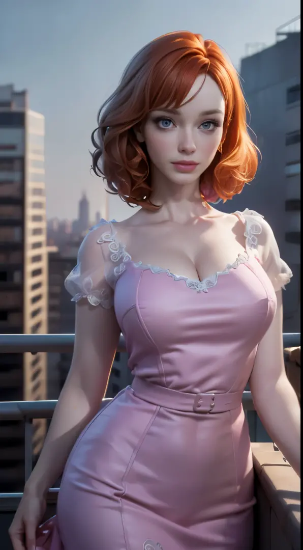 photo of christina hendricks, RAW, beautiful woman, ((portrait)), ((detailed face:1.2)), ((detailed facial feature, detailed skin, clear skin), (perfect proportioned body), (wearing a colorful dress) (high detailed city environment, apartment balcony), (re...