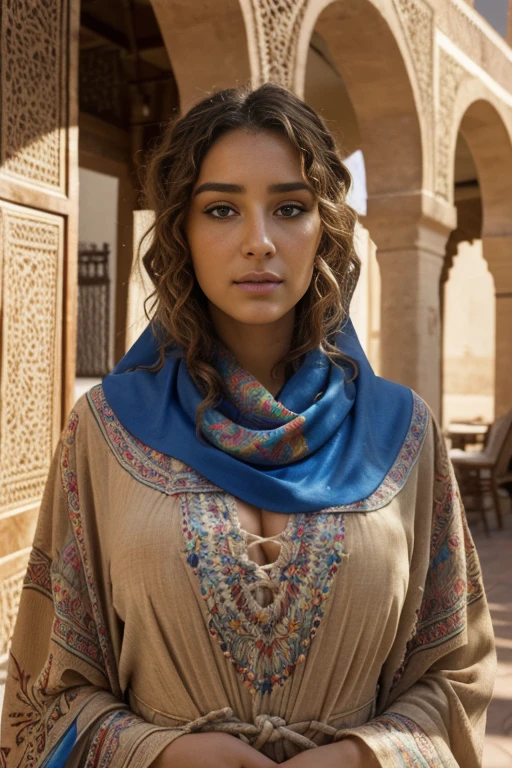 Instagram Spanish girl posing natural light, Brunnete, natural makeup, (Traditional very colorful kaftan dress), (very loose head scarf showing curly hair), (Morrocan souk environment), masterpiece, best quality, highly detailed, (Beautiful and detailed eyes beautiful and detailed face), (Best Quality), (ultra-detailed), (masterpiece), (high resolution), (Original), ultra-realistic.