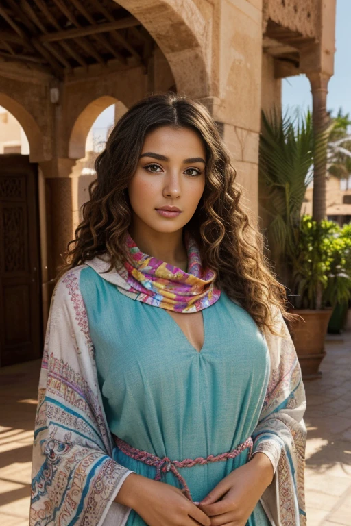 Instagram Spanish girl posing natural light, Brunnete, natural makeup, (Traditional very colorful kaftan dress), (very loose head scarf showing curly hair), (Morrocan souk environment), masterpiece, best quality, highly detailed, (Beautiful and detailed eyes beautiful and detailed face), (Best Quality), (ultra-detailed), (masterpiece), (high resolution), (Original), ultra-realistic.