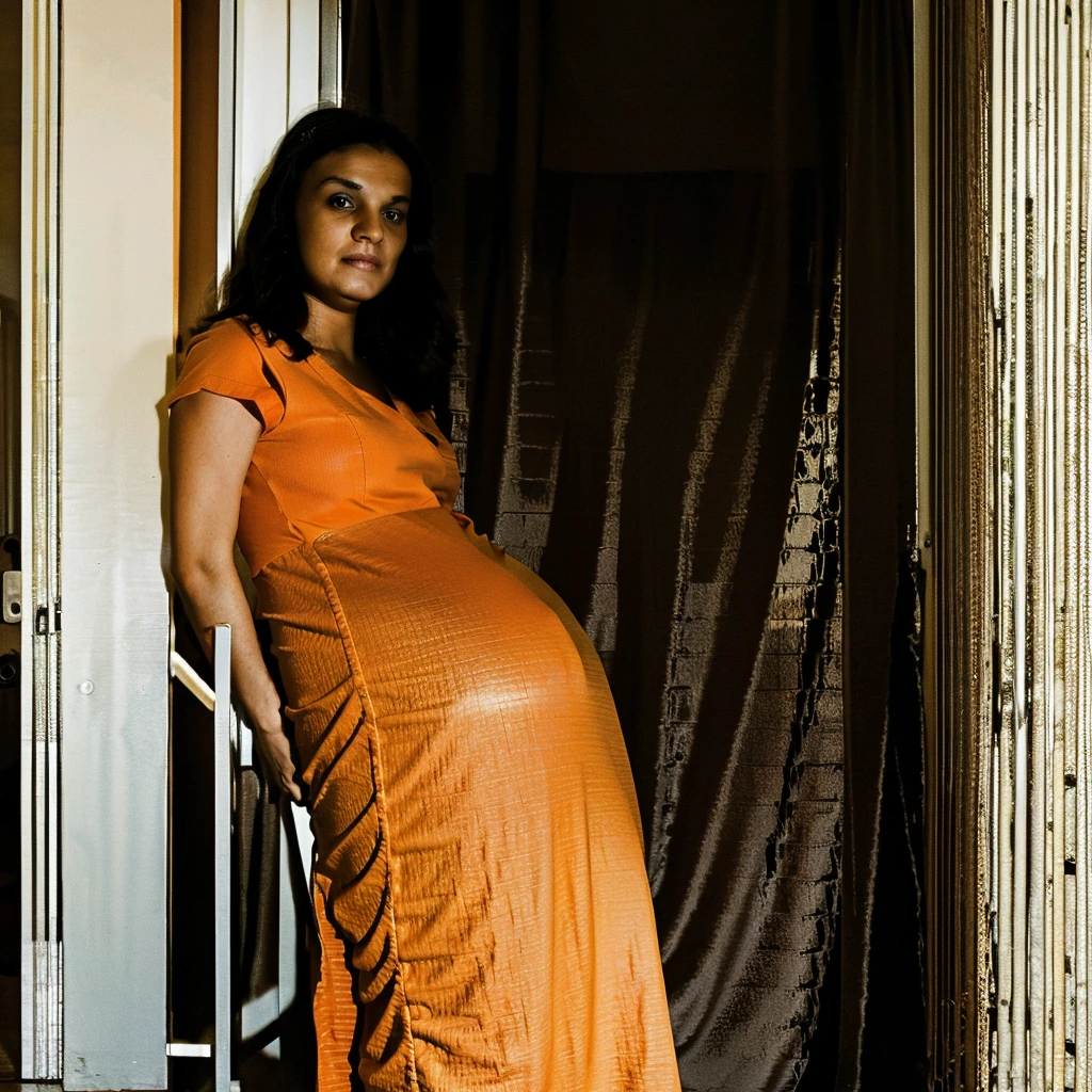 Extremely pregnant solo Rachel Zegler ,orange prison uniform - SeaArt AI