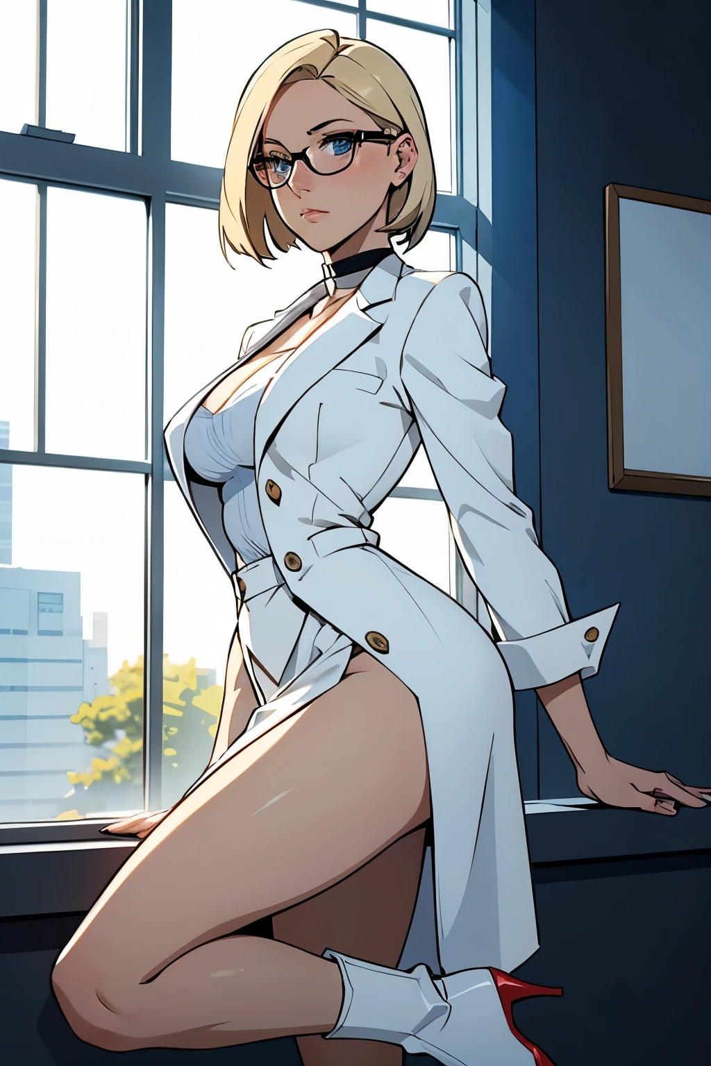 female, short straight blonde hair, blue eyes, white suit jacket, white skirt, long white high heel boots, black choker, no t shirt, medium , glasses, perfect face, blushing, in front of a window
