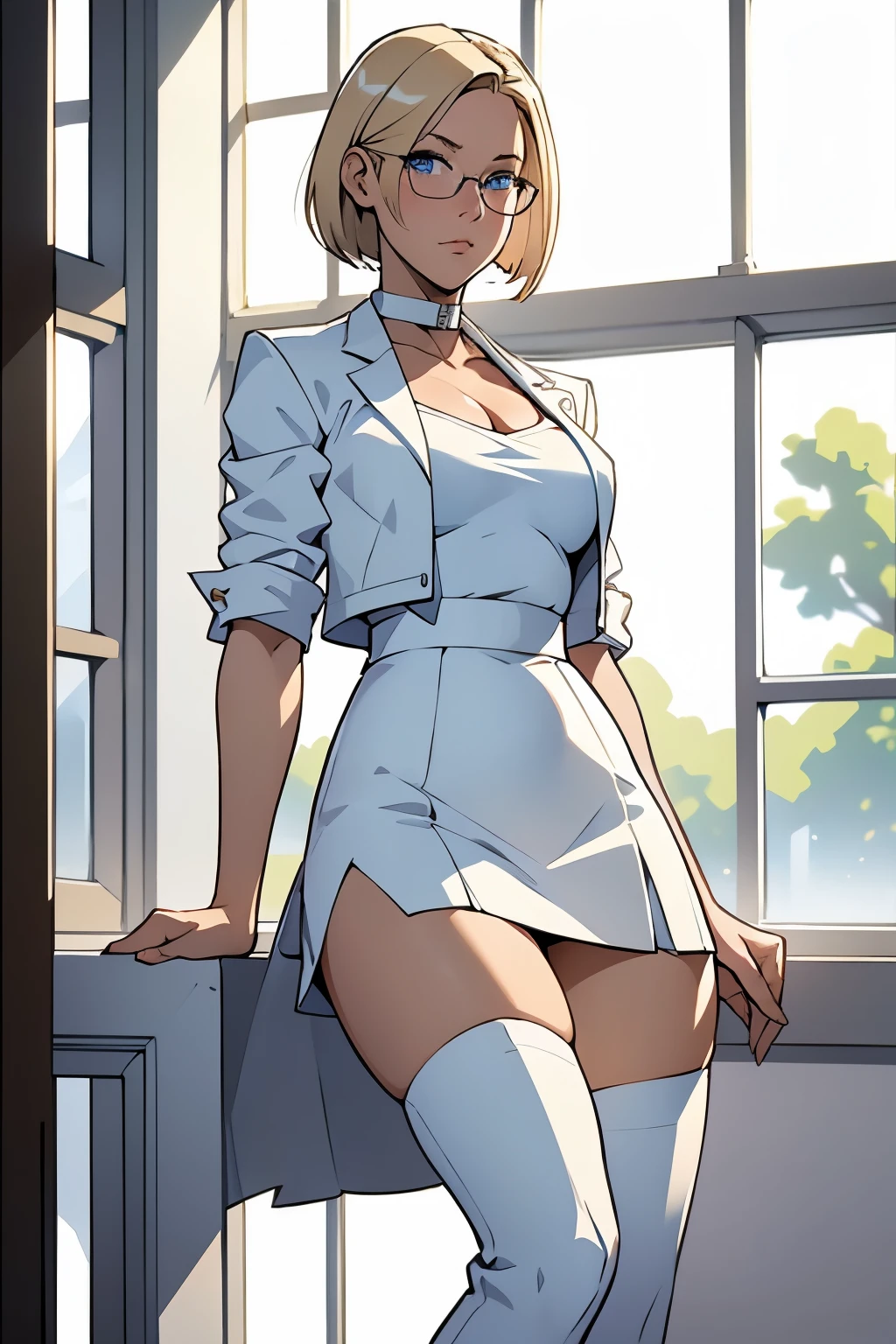 female, short straight blonde hair, blue eyes, white suit jacket, white skirt, long white high heel boots, black choker, no t shirt, medium , glasses, perfect face, blushing, in front of a window
