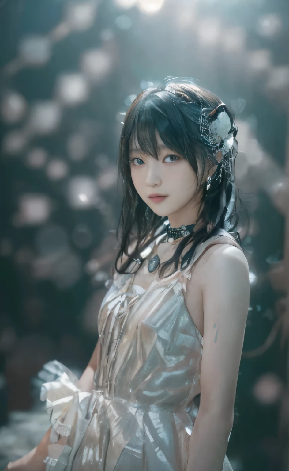 Riho.sayashi, 1girl, masterpiece, babymetal, Best Quality, masutepiece, High resolution, 1girl in, Porcelain dress, Hair Accessories, Necklace, Jewelry, Beautiful face, On the body, Tindall Effect, Realistic, Dark Studio, Edge lighting, Two-tone lighting, (High Detail Skin: 1.2), 8K UHD, Digital SLR, Soft light, High quality, Volumetric Lights, Candid, Photo, High resolution, 4K, 8K, Background blur,