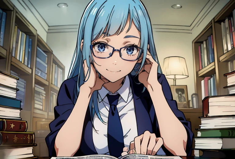 (Best Quality,hyper HD,オマンコのUltra-detailed細な,high details,Ultra-detailed,准确,masutepiece:1.2), 美しいa matural female,35 year old,Mature and sexy,long light blue hair straight long hair,bluish hair,a matural female,house wife,sexy huge boobs、smil、bobhair、Blue eyes、one girls, (((sexy girl with glasses and beautiful hands,white  shirt,neck tie,There are a lot of books piled up next to it.,Warm room, smil, )))