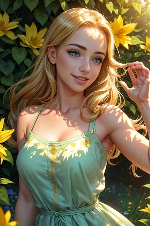 (best quality,ultra-detailed,realistic:1.37),1girl,beautiful detailed eyes,beautiful detailed lips,extremely detailed face,long eyelashes,youthful smile,sparkling eyes,cute freckles,soft and radiant skin,flowing golden locks,bright cheerful expression,playful girl in a vibrant garden,floral dress,backlit by the warm sunlight,harmonious colors,natural lighting,joyful atmosphere,subtle shadows and highlights,lush green foliage,colorful flowers in bloom,butterflies fluttering around,sunlight streaming through leaves,soft breeze rustling the girl's hair,peaceful and serene setting.