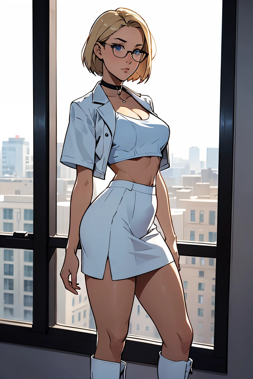 female, short straight blonde hair, blue eyes, white suit jacket, white skirt, long white high heel boots, black choker, no t shirt, medium , glasses, blushing, in front of a window