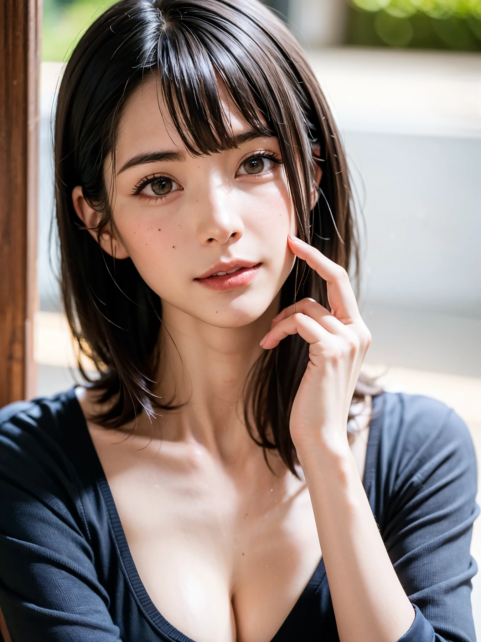 女の子1人、top-quality、realisitic、report、depth of fields、natural soft light、during daytime、魅惑的、beauitful face、Cleanliness、Pure face、de pele branca、cute hawk hair、bangss、the beach、rays of sunshine、Nedium Breast Body Esbian、((Beautiful face with sweater golden ratio Beautiful face with symmetry))、long neck、Put your ears out、bangssのあるきれいな短いボブヘア、Smile with your mouth closed:1.4、Smile with your mouth closed:1.4、perfect hand指、perfect hand、Perfect body、face perfect、Shine a light into the eyes、Perfect Anatomy:1.4、very cute super model:1.4