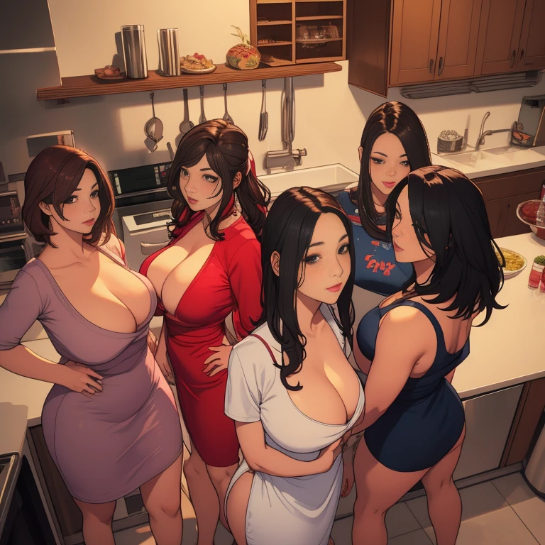 multiple thick body females wearing open dress showing hanging breast and  nipples, females standing in the kitchen with food cooking and food on  kitchen table ((nsfw)), - SeaArt AI
