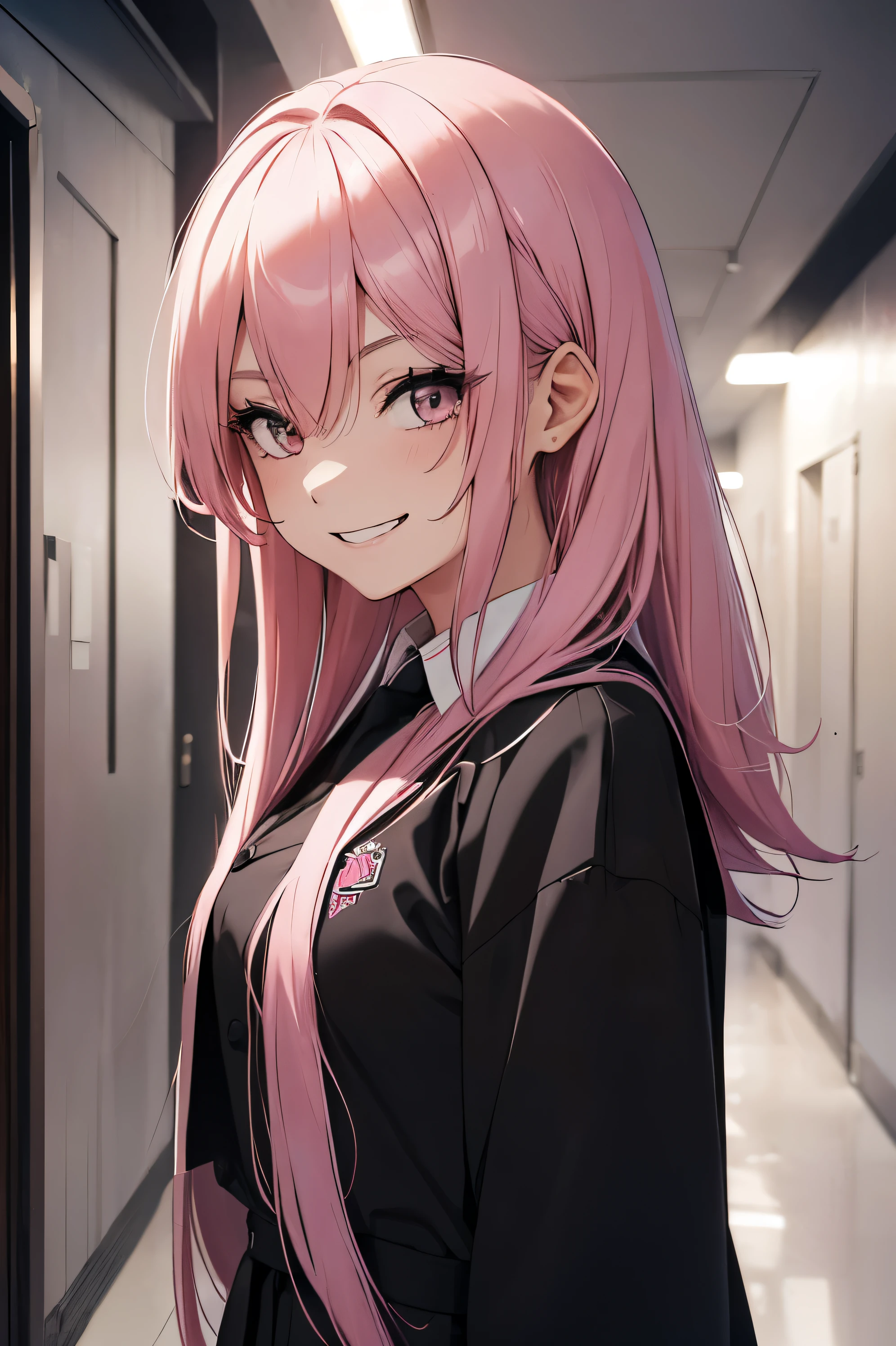 Anime girl with pink hair and black jacket standing in hallway - SeaArt AI