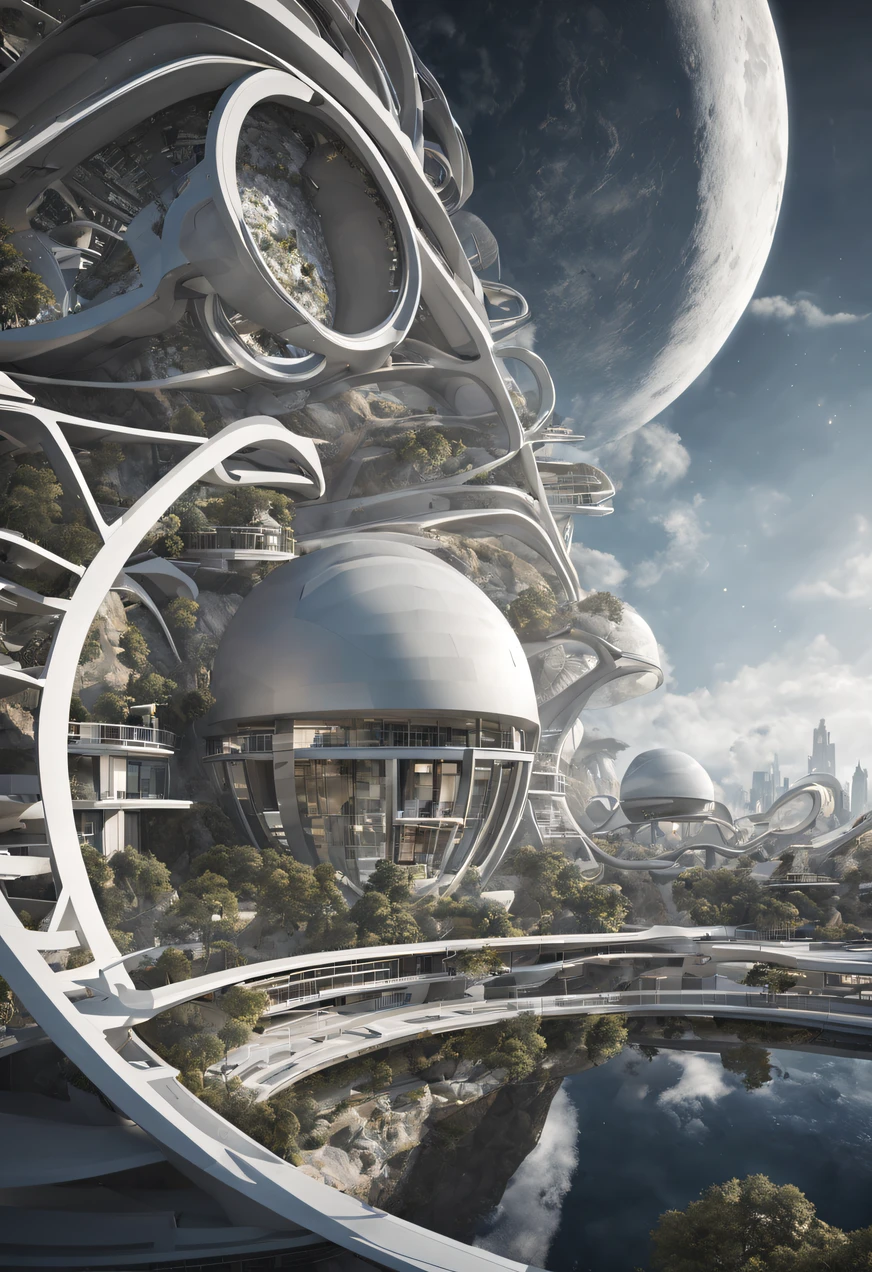 Imagine a futuristic cityscape on the moon, characterized by a striking palette of all white and gray shades. Envision the architectural marvels, with buildings taking on unique shapes such as spheres and domes. Picture these structures seamlessly blending with the lunar landscape, creating a harmonious and otherworldly city. Capture the interplay of light and shadow on the lunar surface, with futuristic buildings casting geometric patterns as they reflect the subdued moonlight. This city represents a vision of advanced technology and innovative design, establishing a breathtaking lunar metropolis that harmonizes with the celestial surroundings.Realistic fantasy rendering，By Chasbio，epic and stunning，archviz，Epic architecture，concept-art。 modern futuristic design，Huge cities in space，Futuristic city landscape，Realistic beehive architecture. from far away, ultra wide angle