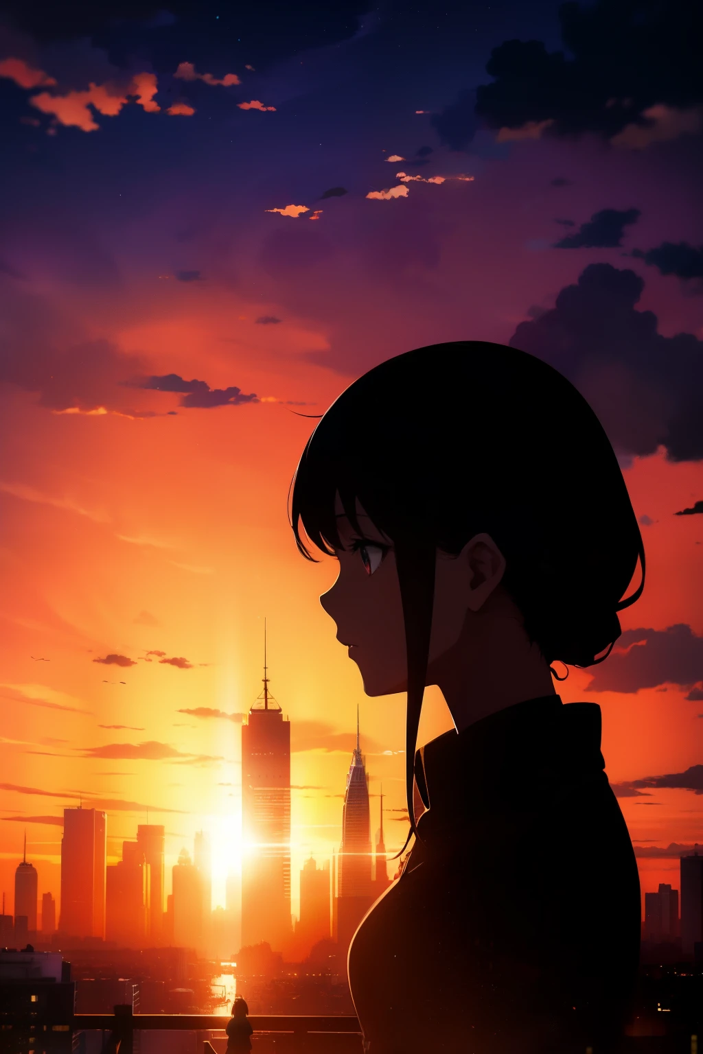 anime, (silhouette),1girl, star (sky), cloud, cityscape, building, city, outdoors, skyscraper, city lights, night, night sky, sunset, skyline