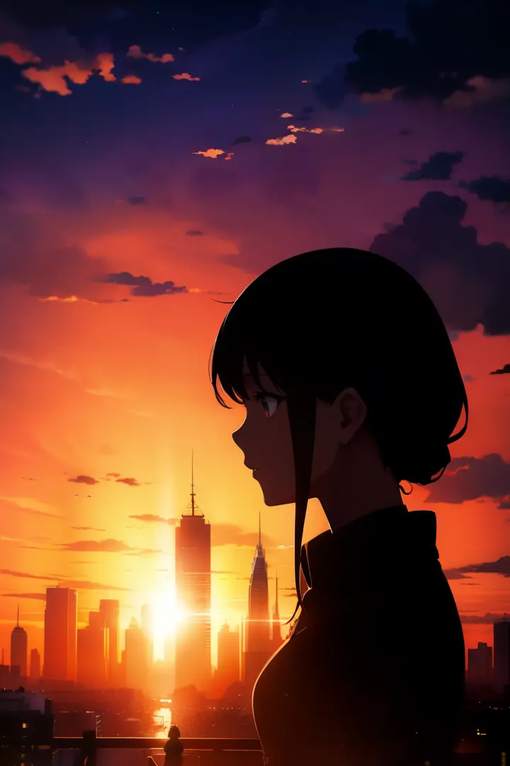 anime, (silhouette),1girl, star (sky), cloud, cityscape, building, city, outdoors, skyscraper, city lights, night, night sky, su...