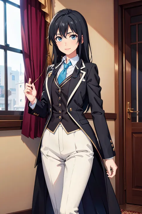 Yukinoshita yukino ,woman in formal attractive tailcoat standing in a large alcove in the room , 1girl, solo, blue necktie, black hair, blue eyes, long hair, smile , collared shirt, white pants, white shirt , tailored tailcoat elegant , standing in front o...