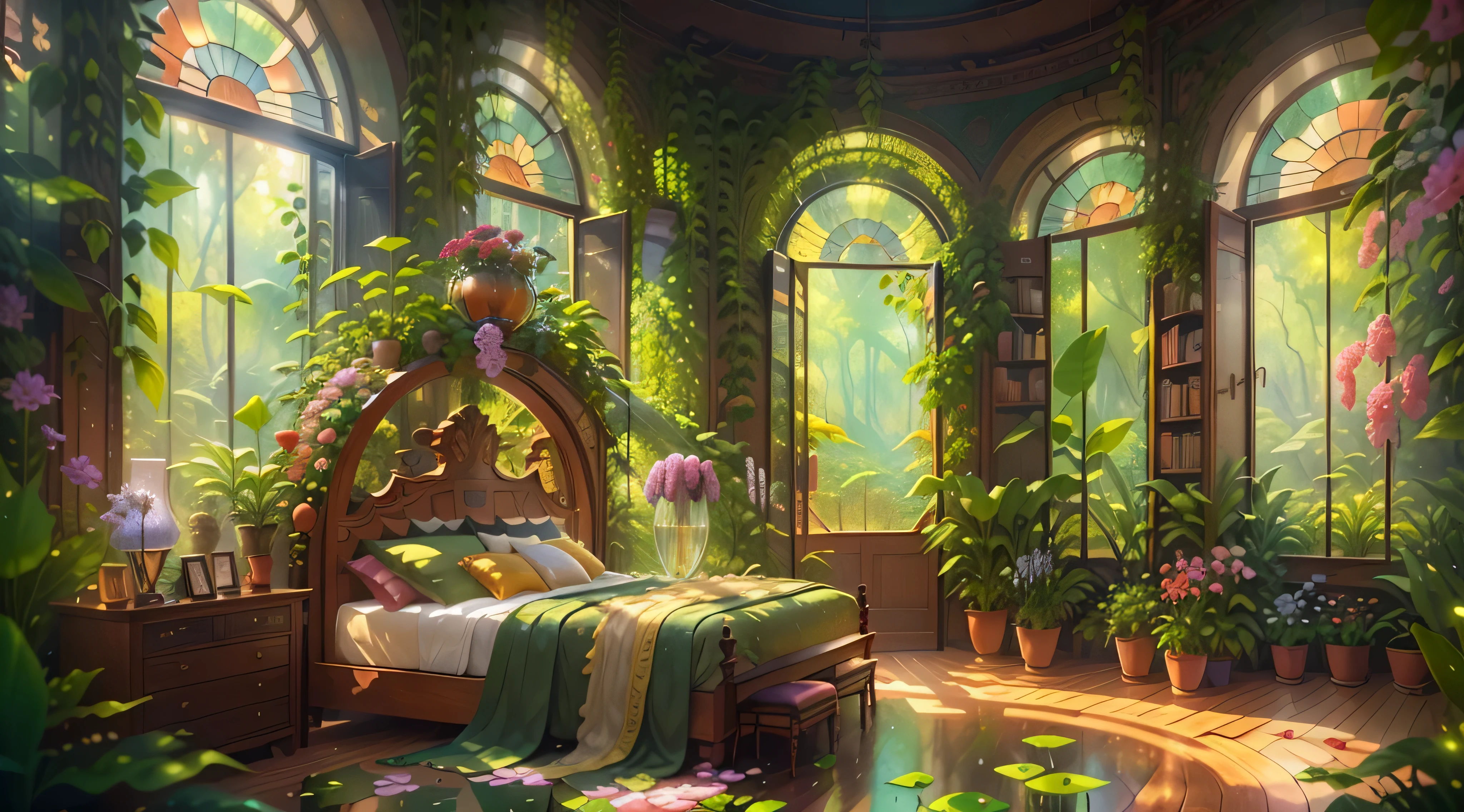 Solarpunk dreamland: royal botanical reserve | Create a gorgeous Versailles-style plant-based bedroom in a solarpunk world. There is a giant Historically window in the bedroom. The giant French Historically window is adorned with intricate carvings and dominates one wall. through huge windows, Extremely colorful、Intricate solarpunk cityscapes clearly visible. The cityscape is bustling and interesting, Lots of little details and a lot of visual interest. The bedroom is very quiet, There are lots of elegant flowers and ivy among the rich silk fabrics and hardwood floors. Take inspiration from rooftop gardens, french royal garden, The beautiful, and whimsical fantasies. Includes The beautiful fantasy details and touches, Includes fantasy water, Books, 3D touch, and delicate tendrils of ivy. Cameras: Utilize innovative lighting techniques to emphasize the current and beauty of the image. Delicate petals dance in the air. Create eye-catching images with dynamic composition. (hyper realisitc), (current), (naturals), (obsessed), (enchanting), (Historically)