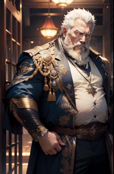 Old Man, yui,royal commander, thick body, Slightly fat,luxury blue priest clothes,,White beard,Handsome, sharp gaze, In the cage,Red Eyes, big bulge, stand, Put your hands behind your hips, HD quality, masutepiece, Extremely detailed, Looking to the Viewer...