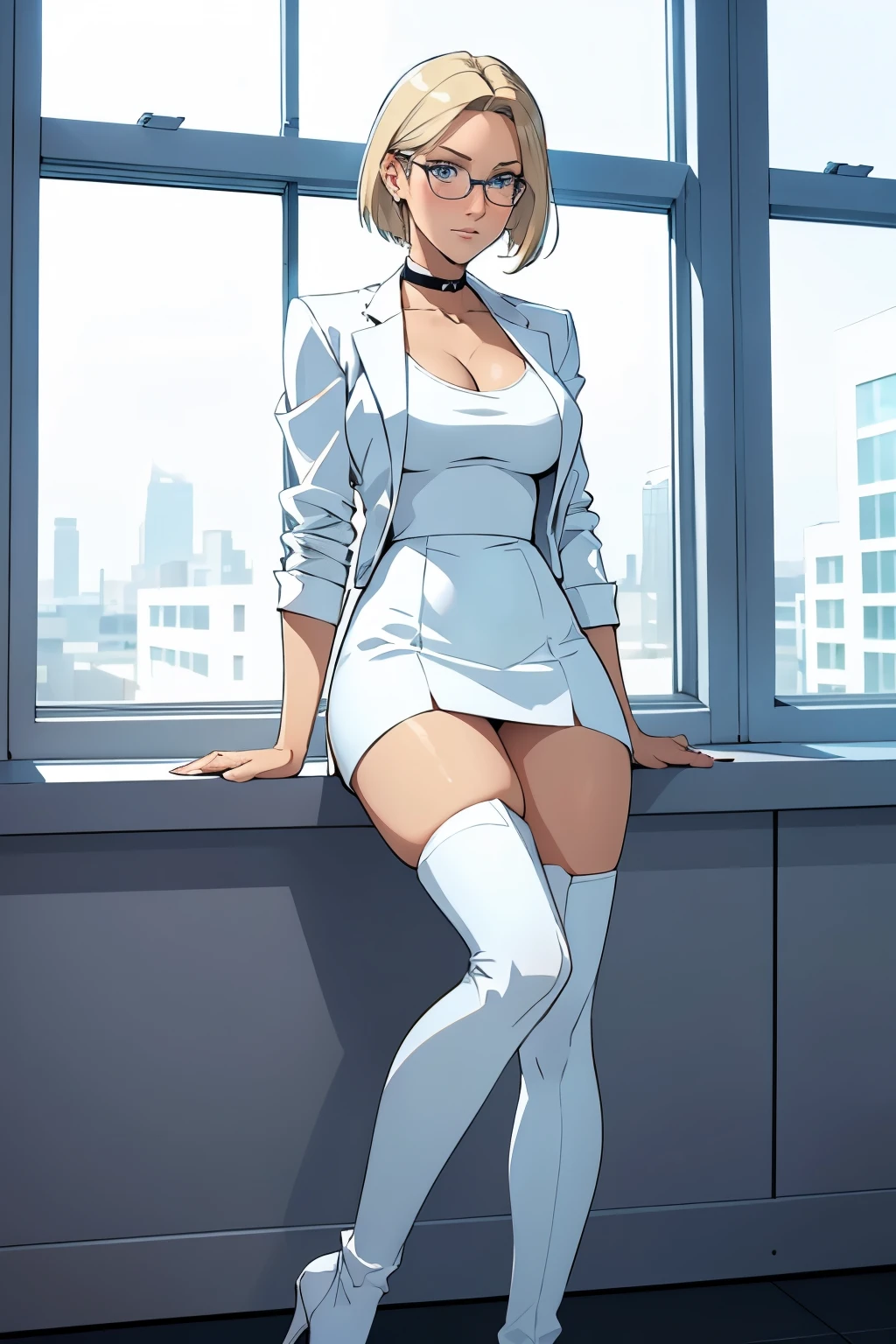 female, short straight blonde hair, blue eyes, white suit jacket, white skirt, long white high heel boots, black choker, no t shirt, medium , glasses, blushing, in front of a window