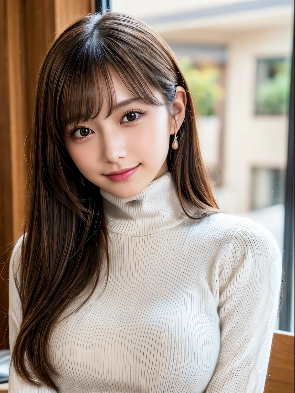 (8k, RAW photo, best quality, masterpiece, extremely detailed:1.2),(realistic, photo-realistic:1.4), sharp focus, bokeh, detailed 8k background, soft light, SIGMA 85mm f/1.4.

extremely cute Japanese idol, kawaii, (detailed skin: 1.2), porcelain skin, pale skin, extremely detailed face, brown eyes, smiling, looking at viewer, medium size breasts, virgin killer sweater, (sweater dress:1.2), ribbed sweater,sideboob,cleavage cutout, turtleneck sweater,(white sweater:1.3),crop top navel, (breasts on table, tilting head:1.2)

Cafe, indoor
