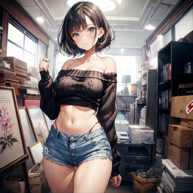 bottom boobs,(masterpiece), best quality, extremely detailed, (watercolor), bloom, delicate and beautiful, illustration, (from below),(1girl:1.4), (solo:1.2), large breasts, (ribbed sweater:1.3), off-shoulder sweater, (short shorts:1.2), bare shoulders, (underboob), ((dark skin:0.8)), beautiful eyes, (disheveled hair ), photography, over-the-shoulder shot, by Alex Maleev, professional, canon camera, nikon camera, sharp, bokeh, studio quality, fisheye lens, by Robert Capa ,