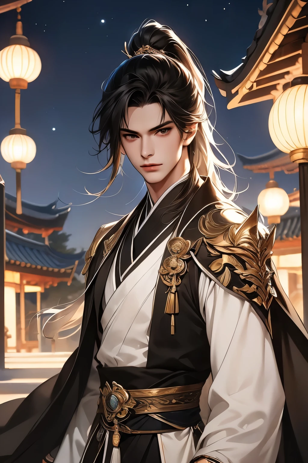 (Best quality at best,A high resolution,The image is clear，Garden scene，:1.2),a handsome，the only person，Ultra detailed backgrounds,Beautiful teenager standing holding sword，Chinese style clothes，high ponytails，natta，blue colored eyes，Garden scene,under moonlight,starrysky，Asian architecture，Romantic atmosphere,，Dutch Angle Shot,gentlesoftlighting,portrait of upper body，Eye focus，a sharp gaze，