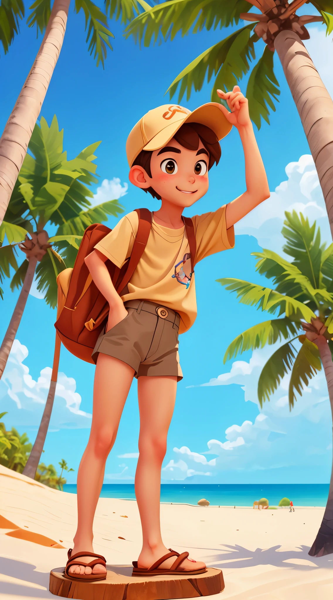 george, 1男性，disney artstyle， uncensored，confront, looking at viewert,naughty，brown shirt，coconut palms,desert island，sandbeach