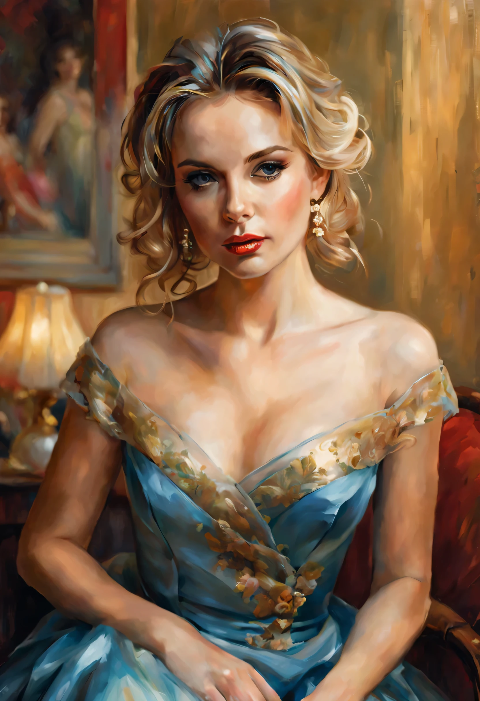 retrato de una bella joven al estilo de Philippe de Laszlo, por Michael Garmash, chica en un vestido de fiesta, trazos finos, delineando sus rasgos, Luces y sombras sutiles, suave lighting illuminating her face and dress Art style: Realista, paleta de colores de pintura al óleo: rico, Tonos cálidos con toques dorados y rojo oscuro., contrasta con la fría iluminación de fondo azul: suave, la luz difusa cae sobre una mujer&#39;la cara, destacando sus delicados rasgos y la textura del vestido