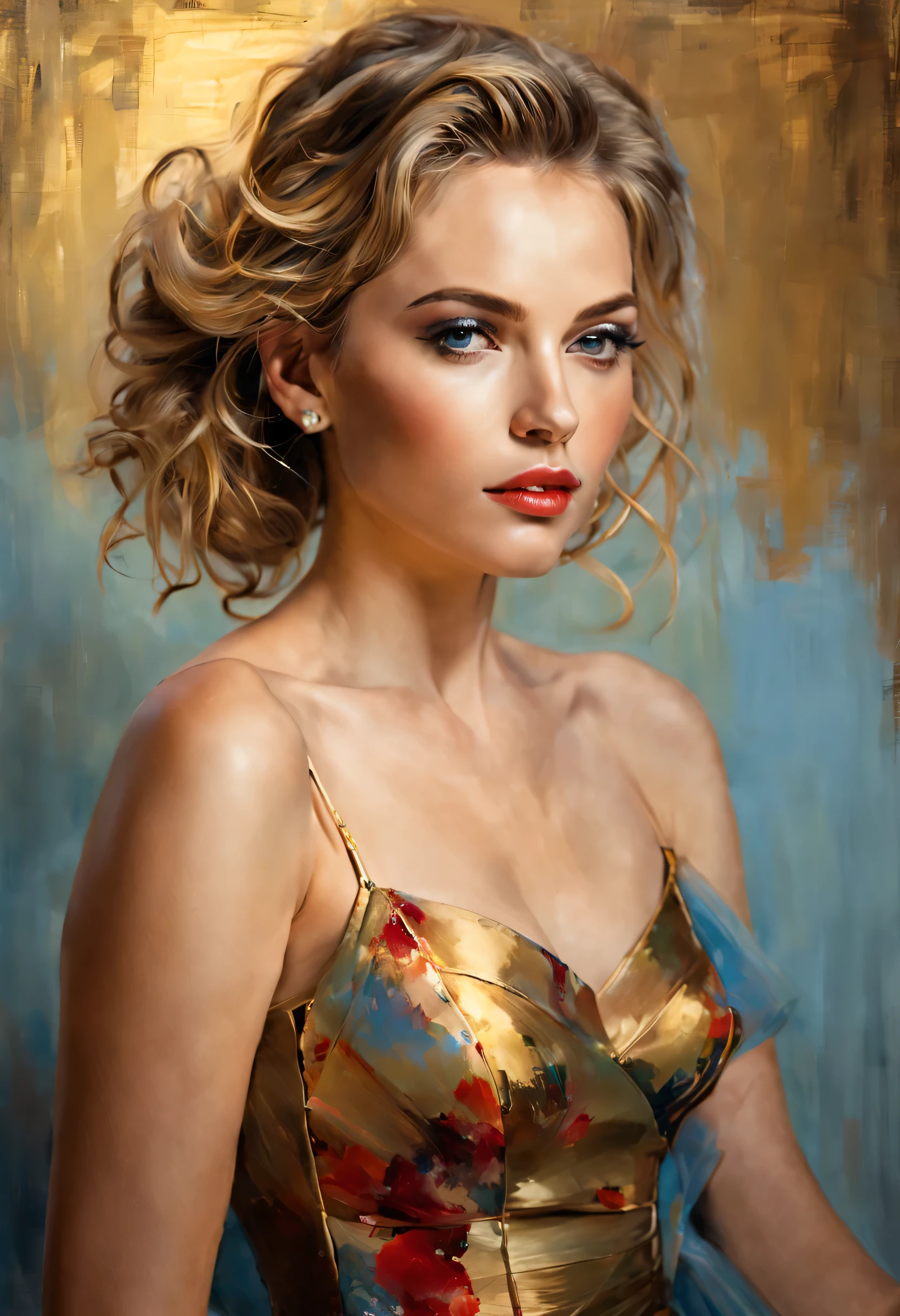 portrait of a beautiful young woman in the style of Philippe de Laszlo, by Michael Garmash, girl in a ball gown, Fine strokes, outlining her features, subtle highlights and shadows, soft lighting illuminating her face and dress Art style: Realistic, oil painting color palette: Rich, warm tones with hints of gold and dark red, contrasts with the cool blue background lighting: soft, diffused light falls on a woman&#39;s face, highlighting her delicate features and the texture of the dress
