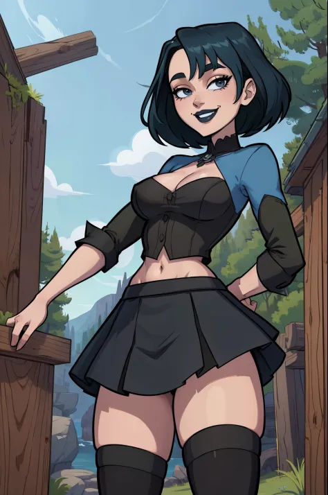 ((masterpiece,best quality)), absurdres, Gwen_Total_Drama, goth, midriff, smiling, skirt, thigh highs, solo, smiling, looking at viewer, cowboy shot, , cinematic composition, contrapposto, dark makeup, pale skin