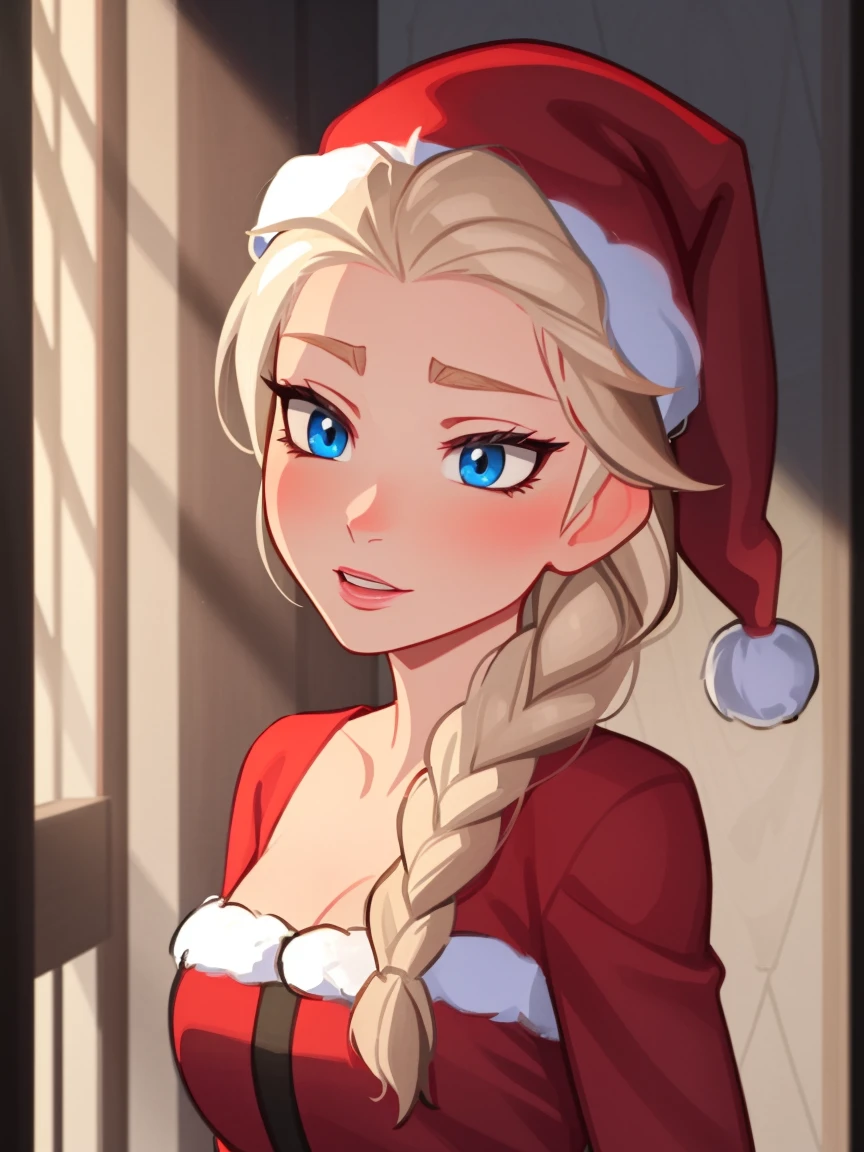 Elsa de Arendelle, Gorro do Papai Noel, santa costume, tronco, trança única, mulher, estilo de arte inCase, no estilo InCase,