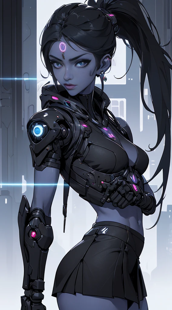 Cyborg d&#39;Ariana Grande, Cybersamouraï, nu, Cheveux longs, yeux bleus, cheveux noirs, gros seins, encolure, cuisses larges, La science-fiction, ciborg:1.4, cyberpunk,( le fond noir brille: 1.25),8K plus détaillé.moteur irréel:1.4,UHD,La meilleure qualité:1.4, Photoréaliste:1.4, Texture de la peau:1.4, chef-d&#39;œuvre:1.8,premier travail, meilleure qualité,objet Objet], (traits du visage détaillés:1.3),(Des yeux subtils et beaux :1.1),(anatomie parfaite),lingerie sexy rose,(Cybersamouraï blanc:1.4),(Couleurs cyberpunkAI de fond de ville de Tokyo:1.4) ,(doigts détaillés convexes), (  cyborg),(Chef-d&#39;œuvre:1.2), (meilleure qualité:1.2),(Chef-d&#39;œuvre:1.2), (meilleure qualité:1.2),(mini-jupe ciborg:1.4), (culotte ciborg)