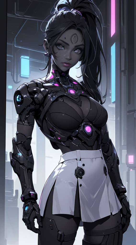 Ariana Grande cyborg, Cybersamurai, naked, Long hair, blue eyes, black hair, big breasts, neckline, wide thighs, Science-Fiction, ciborg:1.4, cyberpunk,( black background shines: 1.25),More detailed 8K.unreal engine:1.4,UHD,La Best Quality:1.4, photorealistic:1.4, skin texture:1.4, masterpiece:1.8,first work, Best Quality,object object], (detailed face features:1.3),(Subtle and beautiful eyes :1.1),(Perfect anatomy),lingerie sexy pink,(Cybersamurai white:1.4),(Tokyo city background cyberpunkAI colors:1.4) ,(convex Detailed fingers), (  cyborg),(Masterpiece:1.2), (Best Quality:1.2),(Masterpiece:1.2), (Best Quality:1.2),(miniskirt ciborg:1.4), (panties ciborg)