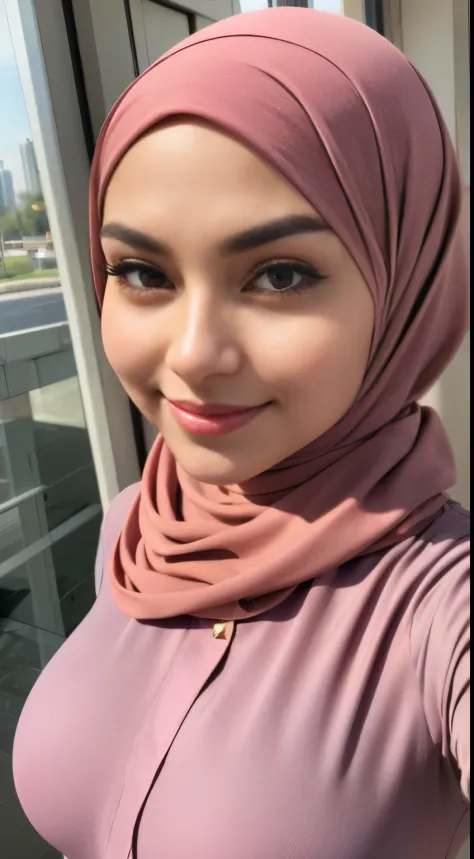 Malay girl in hijab, wear small floral red color shirt and High Waist white  gym Pants , laughing and posing with both hand on top of her head, touching  her own head