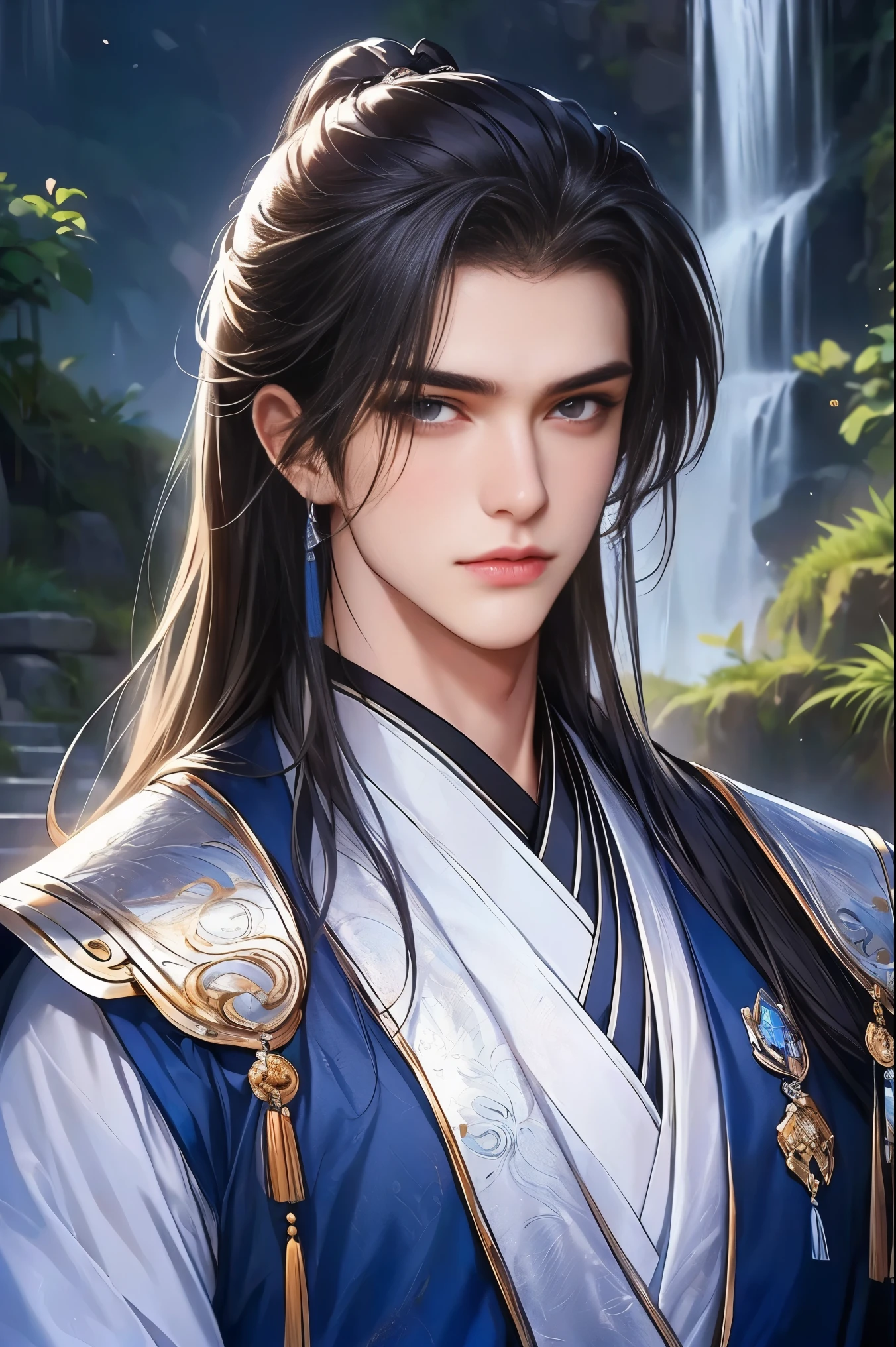 (Best quality,A high resolution,The image is clear:1.2),Ultra detailed backgrounds,Beautiful man standing holding sword，this it，wind blowing through，Chinese style clothes,（Clothes are：1.5），Garden scene,under moonlight,waterfall man，Romantic atmosphere,Dutch Angle Shot,gentlesoftlighting,shelmet，portrait of upper body，