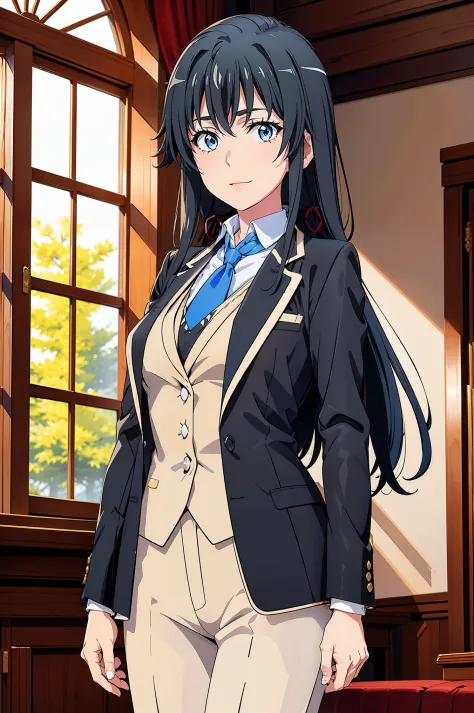 Yukinoshita yukino ,woman in formal attractive tailcoat standing in a large alcove in the room , 1girl, solo, blue necktie, black hair, blue eyes, long hair, smile , collared shirt, white pants, white shirt , tailored tailcoat elegant , standing in front o...