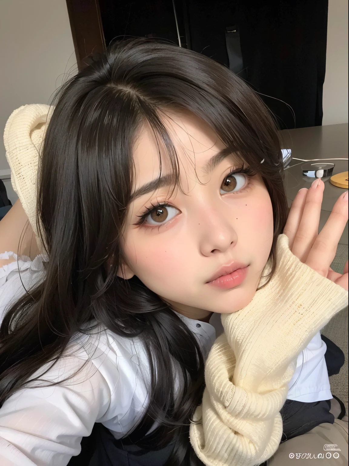 a close up of a person with long hair and a white shirt, ulzzang, wan adorable korean face, black hair and large eyes, with cute doting eyes, maquiagem sul-KOREAN popular, Cute round slanted eyes,  KOREAN, maquiagem KOREAN popular, young adorable korean face, cruel korean goth girl, beautiful aesthetic face, big round cute eyes