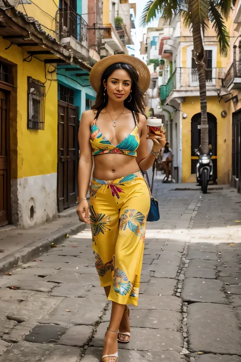 cuban beautiful girl, suitcases, going to work, vibrant colors, sunlight, bustling streets, vintage buildings, tropical flowers, lively atmosphere, authentic culture, traditional attire, confident expression, stylish accessories, professional look, picture...