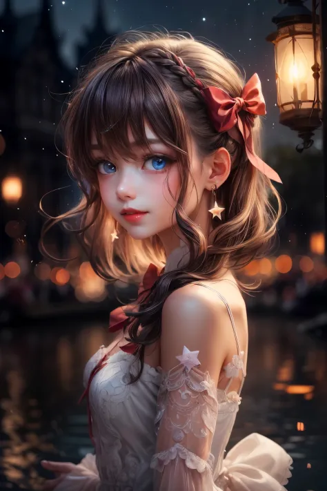 (extremely delicate and beautiful:1.2),1girl, bangs, blue eyes, blurry, blurry background, bow, brown hair, closed mouth, from s...
