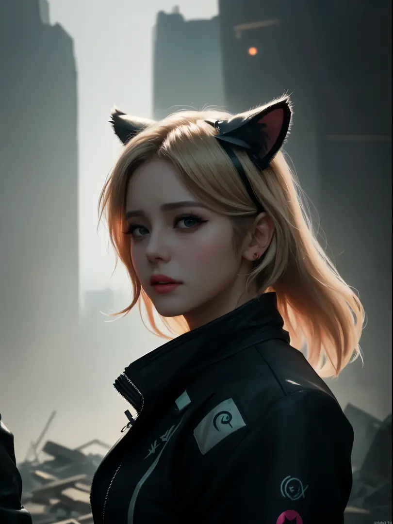 (open eyes, looking at viewer:1.2), 1girl, blond hair,  cat_ears, animal_ears, solo, dark_skin, tan_skin, foggy neon futuristic,...