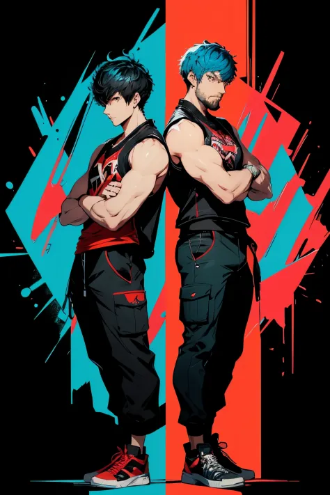 Two characters, both facing each other, in fighting stances Dojo Background, with Persona 5 game Artsyle, First charactera muscu...