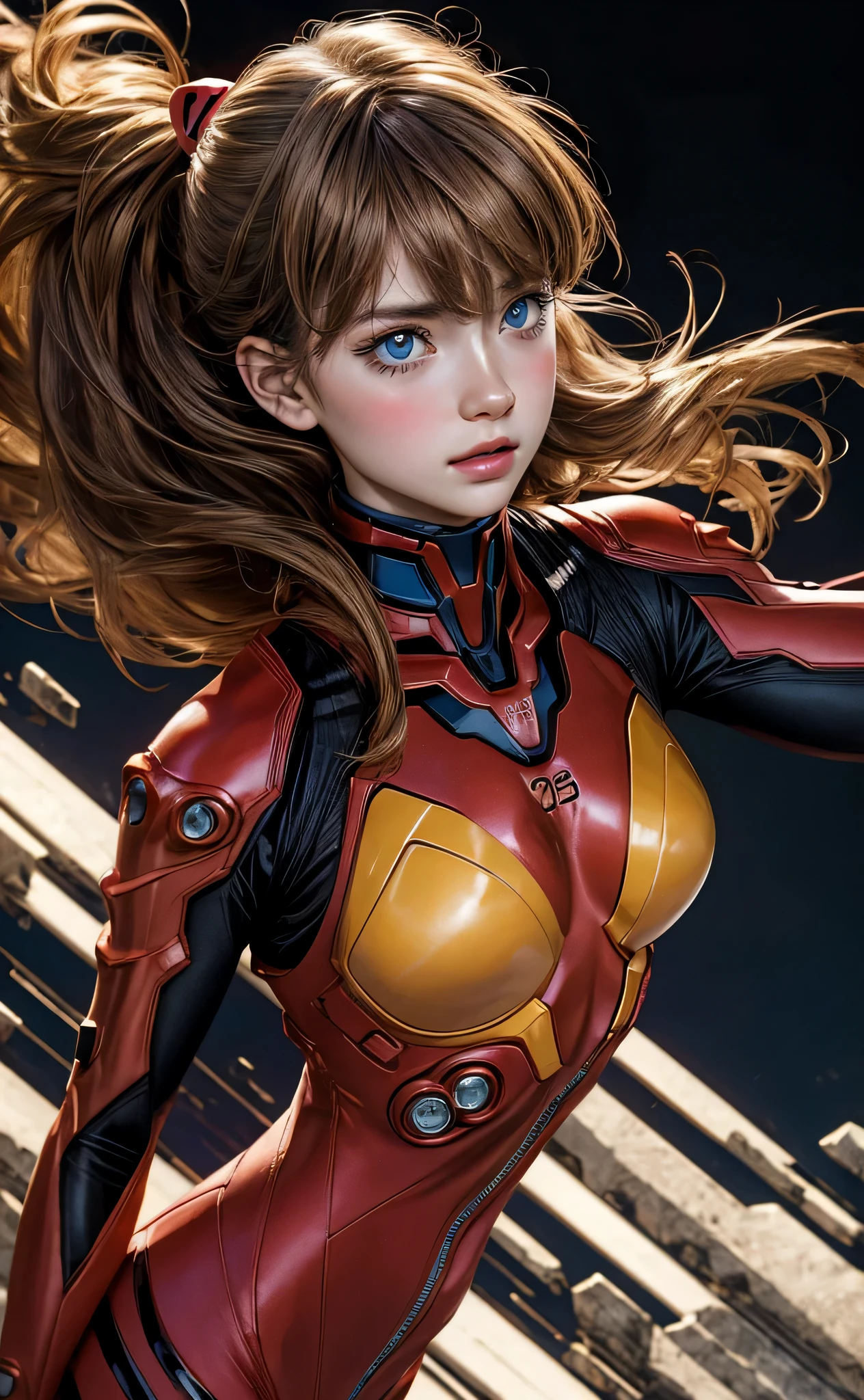 (masutepiece: 1.4, Best Quality), (intricate detailes), Unity 8k Wallpaper, super detailed, Beautiful and mysterious, Detailed background, Real, 独奏, Perfectly detailed face, Detailed blue eyes, Very detailed, blush, hair ornament , Chignon mahogany hair, (a blond), Plug Suit 02, Shikinami Asuka Langley, evangelion, slender 15 year old girl, full body suits, Black background, Above the waist, Dynamic pose with large movements, Dynamic Angle,