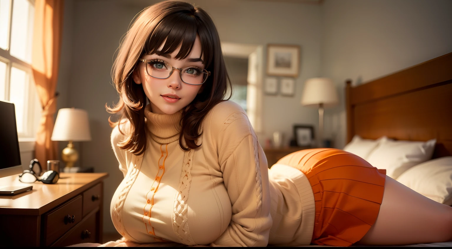 alta definición, calidad 8k, obra maestra, velma, (1 chica, solo girl) Chica de ensueño, pechos enormes, Hermoso rostro, besar los labios, peinado recto bob corto, flequillo largo, maquillaje perfecto, cara realista, ojos detallados, ojos verde jade, Pelo castaño, Pestañas, Dormitorio, acostado en la cama, ojos al espectador, ((orange sweater)), abrigo de cuello alto, gafas con lentes transparentes, ((falda roja)), falda de colegiala, estado de ánimo emocionado, cuerpo completo,