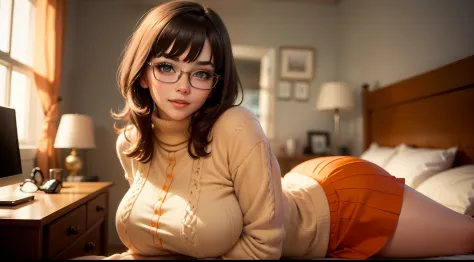 HD, 8k quality, masterpiece, Velma, (1girl, solo girl) dream girl, huge breasts, beautiful face, kissing lips, short bob straigh...