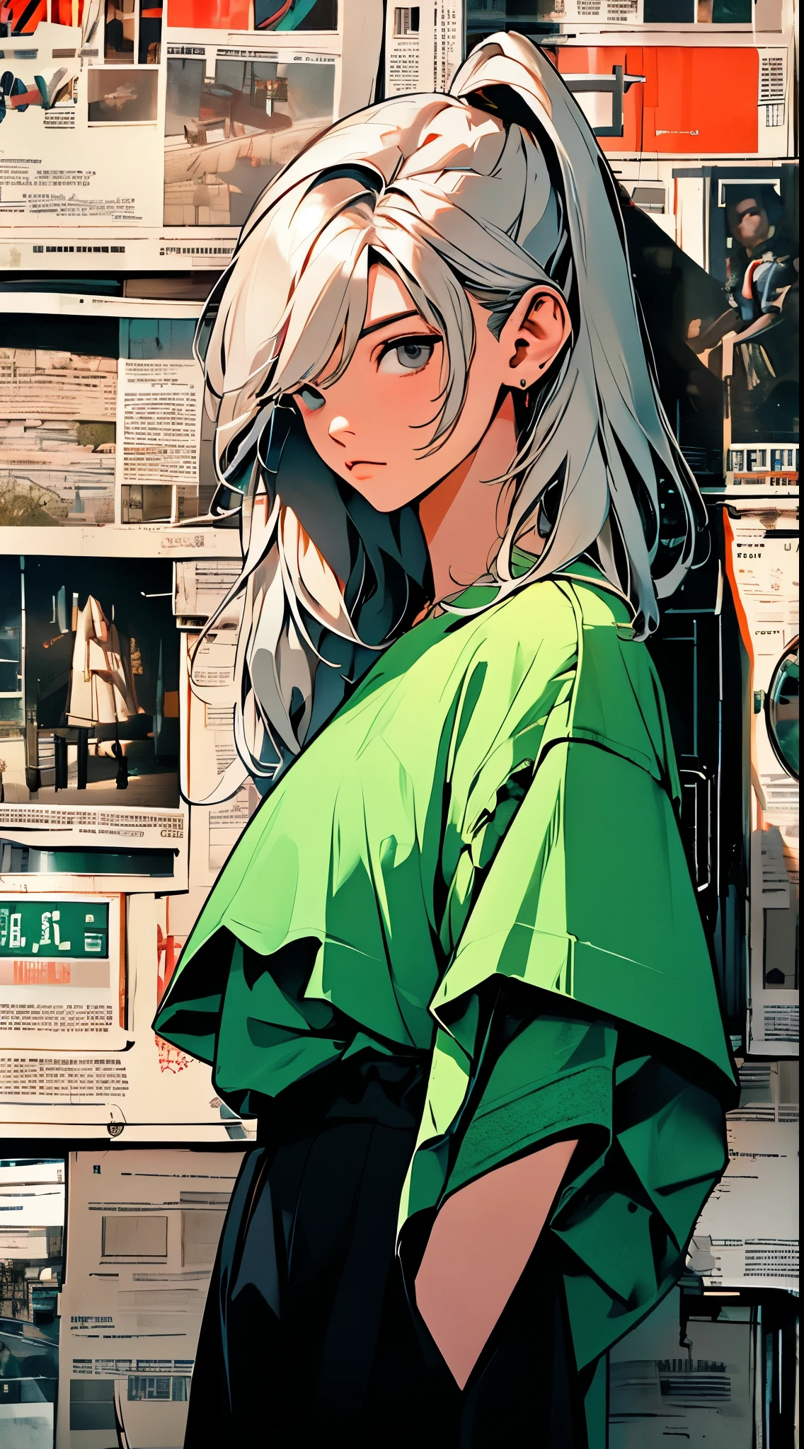 Upper body close-up, cyberpunk city, a girl standing in front of a wall with newspaper on the wall, silver hair, long hair, facial focus, black eyes, witty and beautiful facial features, green print t-shirt, apricot skirt, split long skirt, embroidery pattern, dynamic pose, HDR, detailed details, fashion, cinematic light, detailed clothing texture, game CG, bright art style, real shadows