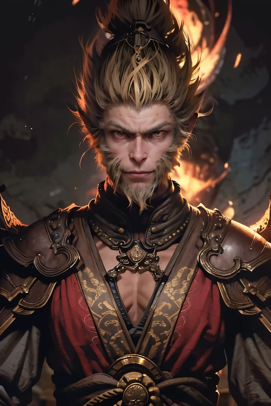 1 guy, fighting posture, Best quality, Masterpiece, perfect body, detailed face, perfect anatomy, intricate details,, hair(yellow color), sun wukong, wearing chinse armor, (Fire-eyed golden eyes), detailed eyes, red glowing eyes, grin, evil look, katsuya terada monkey king