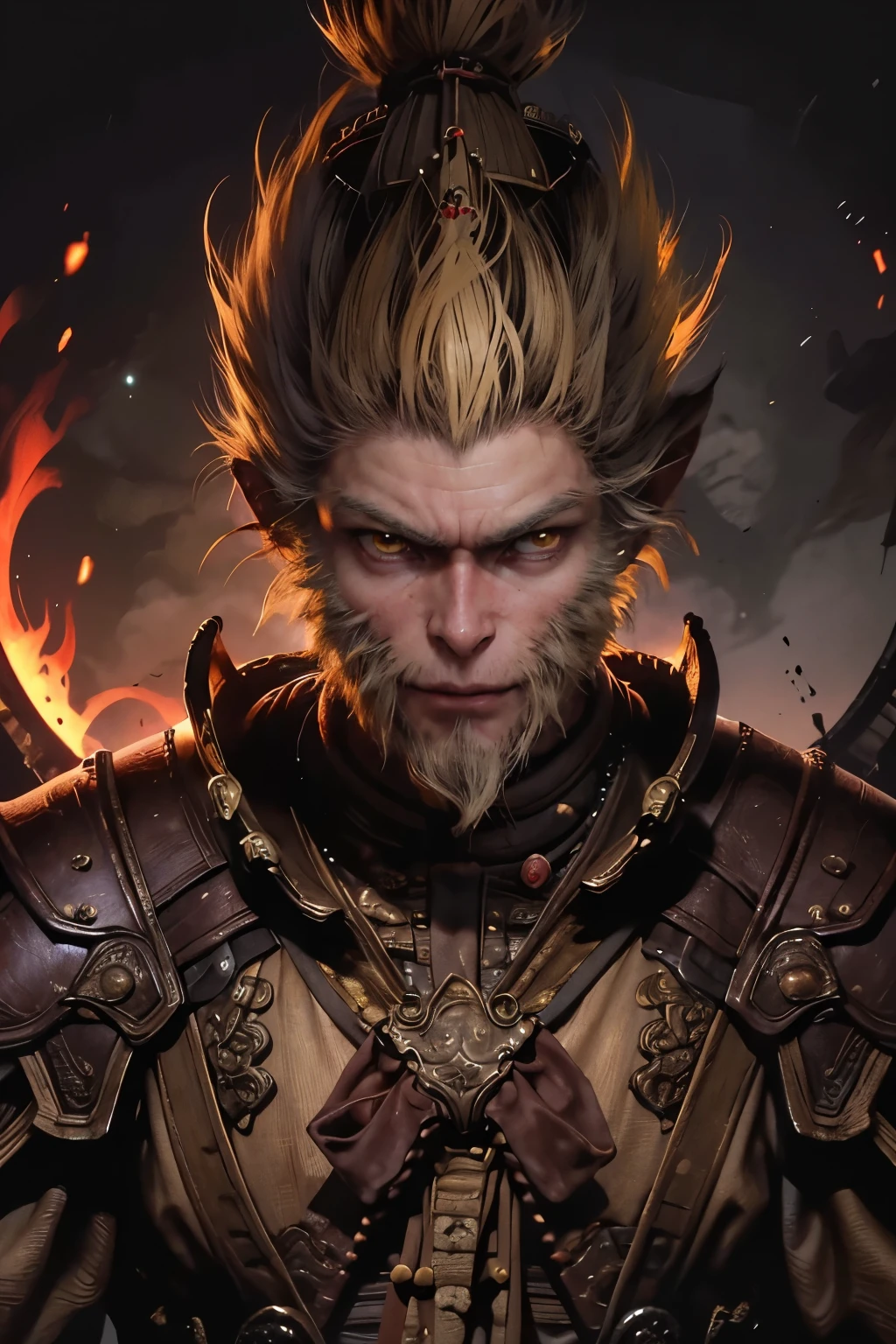 1 guy, fighting posture, Best quality, Masterpiece, perfect body, detailed face, perfect anatomy, intricate details,, hair(yellow color), sun wukong, wearing chinse armor, (Fire-eyed golden eyes), detailed eyes, red glowing eyes, grin, evil look, katsuya terada monkey king