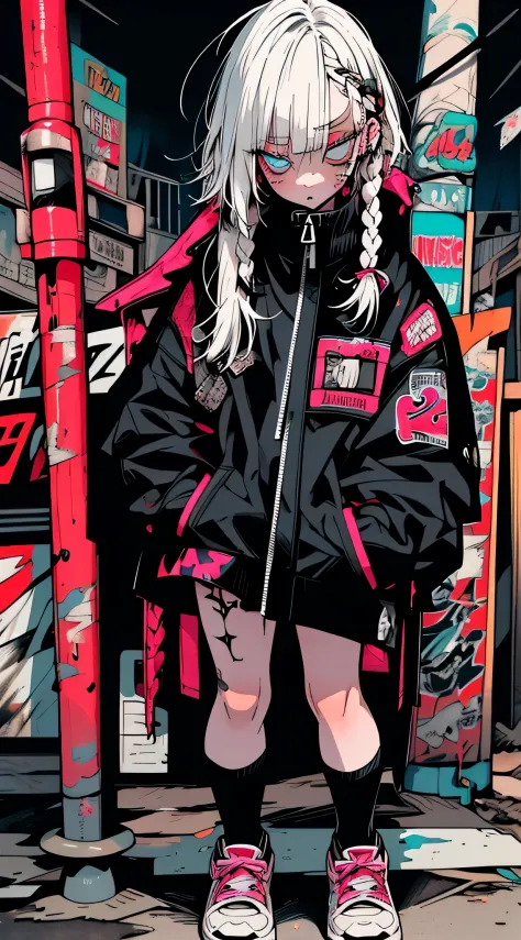 step piece, Best quality, Best Best Illustration, ultra - detailed,girl, White hair, Cool black oversized jacket, Tattoos are, messy faded hairstyle, Side braids,Crazy, Standing with a strange feeling, Abandoned amusement park background,knee length socks,...