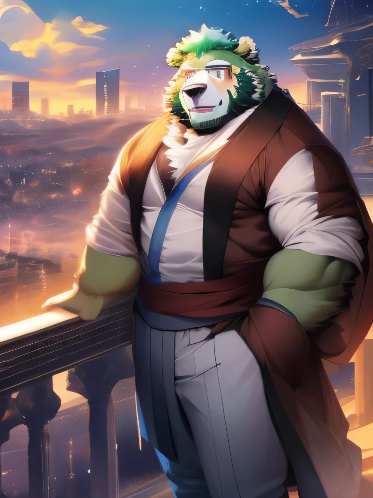 anthro ((bear)), furry, bear, green fur, green hair, ((beard)), male, white eyebrows, red eyes, masterpiece, ((Best quality)), character focus solo, handsome, middle-aged, mature, muscle body, sexy, dilf, full body, (((jinpei))), official art, masterpiece, sharp focus, european beauty, delicate and beautiful hair, eyes and face, realistic, super detailed, beautiful girl, blue sky, glow white particle, (side lighting: 1.2), sunlight, white cloud, detailed clouds, slim, beautiful extra-large breasts and very large hips, smile with teeth, ((smile with eyes, open both eyes)),  decorations, long straight hair, sexy facial expression, building, (cityscape: 1.7), dynamic hair, long straight hair, detailed platinum pink hair, glowing blue eyelue pleated shirts + white skirt), white long socks, pale skin, hair decoration, epic landscape.